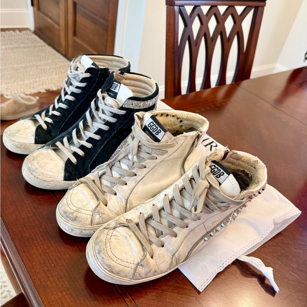 Golden Goose White and Black High-Top Sneakers